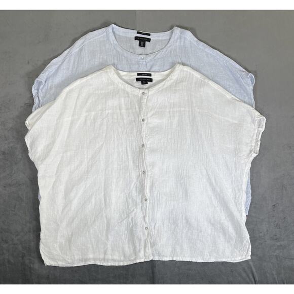 Tahari Tops - 2)Tahari Womens Medium Light Blue & White Linen Button Front Oversized Shirt